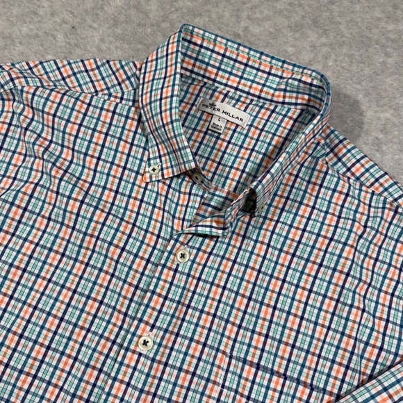 Peter Millar Other - Peter Millar Shirt Mens L Blue Orange Plaid Performance MF18EW12BL‎ Stretch